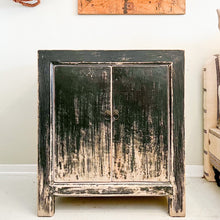 Load image into Gallery viewer, wood nightstand, two doors, distressed black  rustic paint finish