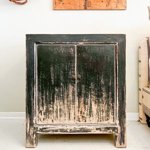 wood nightstand, two doors, distressed black  rustic paint finish
