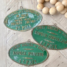 Load image into Gallery viewer, green metal vintage French Farmer&#39;s award plaque with embossed text in French