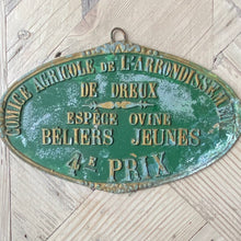 Load image into Gallery viewer, green metal vintage French Farmer&#39;s award plaque with embossed text in French
