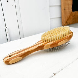 bamboo dog brush with natural bristles on one side and wire on the other