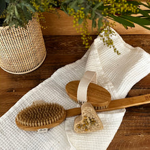 Load image into Gallery viewer, long handle body scrub brush with natural bristles....long handle is removable and brush has a soft handle for hand to slide through for easy usage
