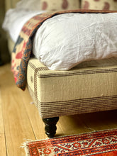 Load image into Gallery viewer, Indian Bhujodi cream and brown fabric upholstered bed with wood feet