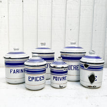 Load image into Gallery viewer, white enamel vintage spice jar set in varying sizes with blue trim and French text in blue