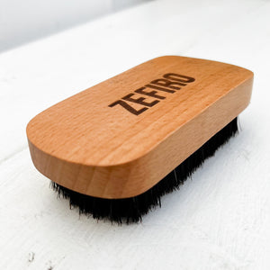 light brown beechwood handle beard brush with black natural bristles