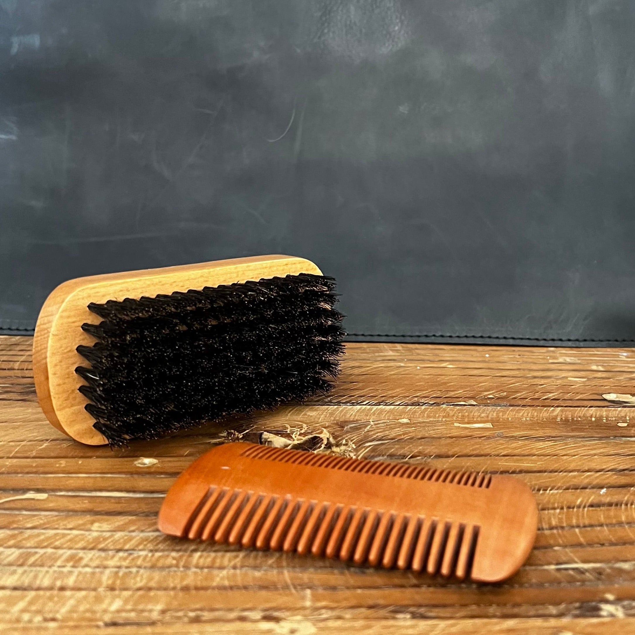 light brown beechwood handle beard brush with black natural bristles