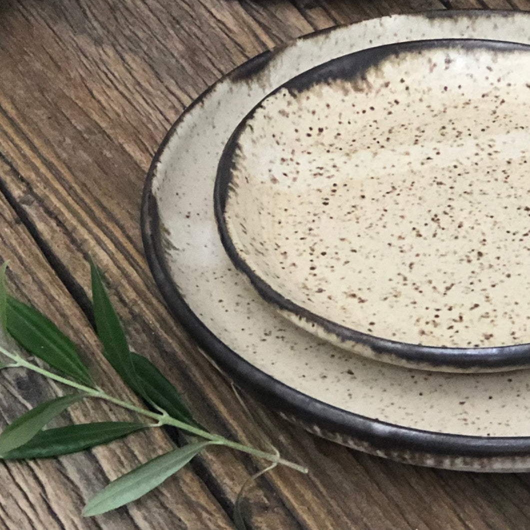 cream colored stoneware plate with brown speckles and rim