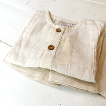 Load image into Gallery viewer, ivory colored shirt and short set, shirt long sleeved with buttons