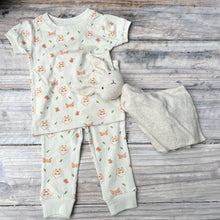 Load image into Gallery viewer, off white short sleeve kid&#39;s pajama set with orange butterflies, bugs and binoculars