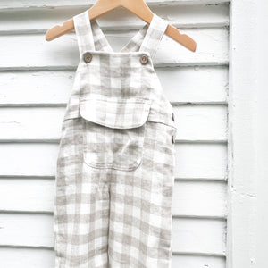 white and natural checkered baby overalls