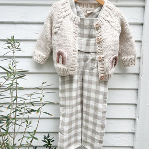 white and natural checkered baby overalls