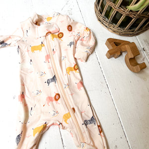 pale pink baby zip romper/pajamas with animals