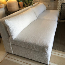 Load image into Gallery viewer, off white armless upholstered sofa with two seat and two back cushions, made with Boucle fabric