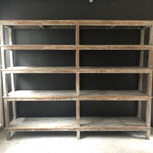 Load image into Gallery viewer, rustic gray toned wood shelving unit with open back and aged wood