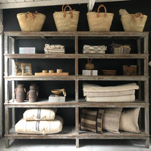 Load image into Gallery viewer, rustic gray toned wood shelving unit with open back and aged wood