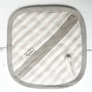 white and natural striped linen pot holder