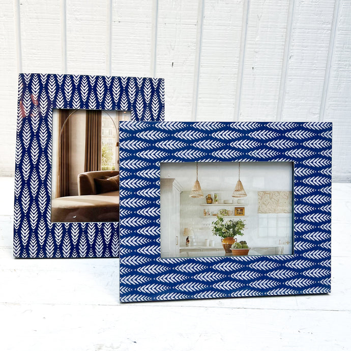 blue and white patterned picture frame