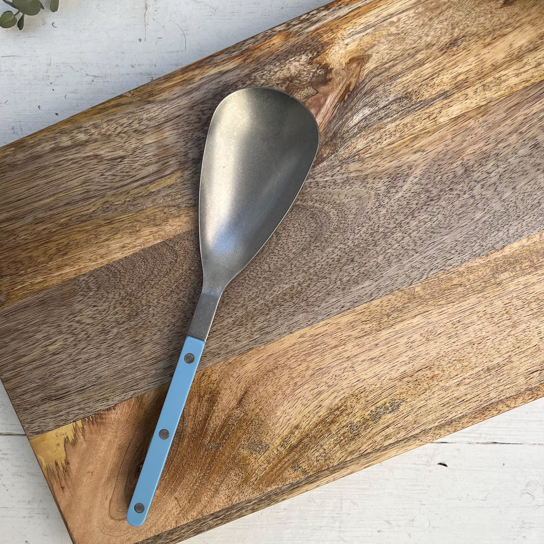 stainless steel rice spoon with light blue handle