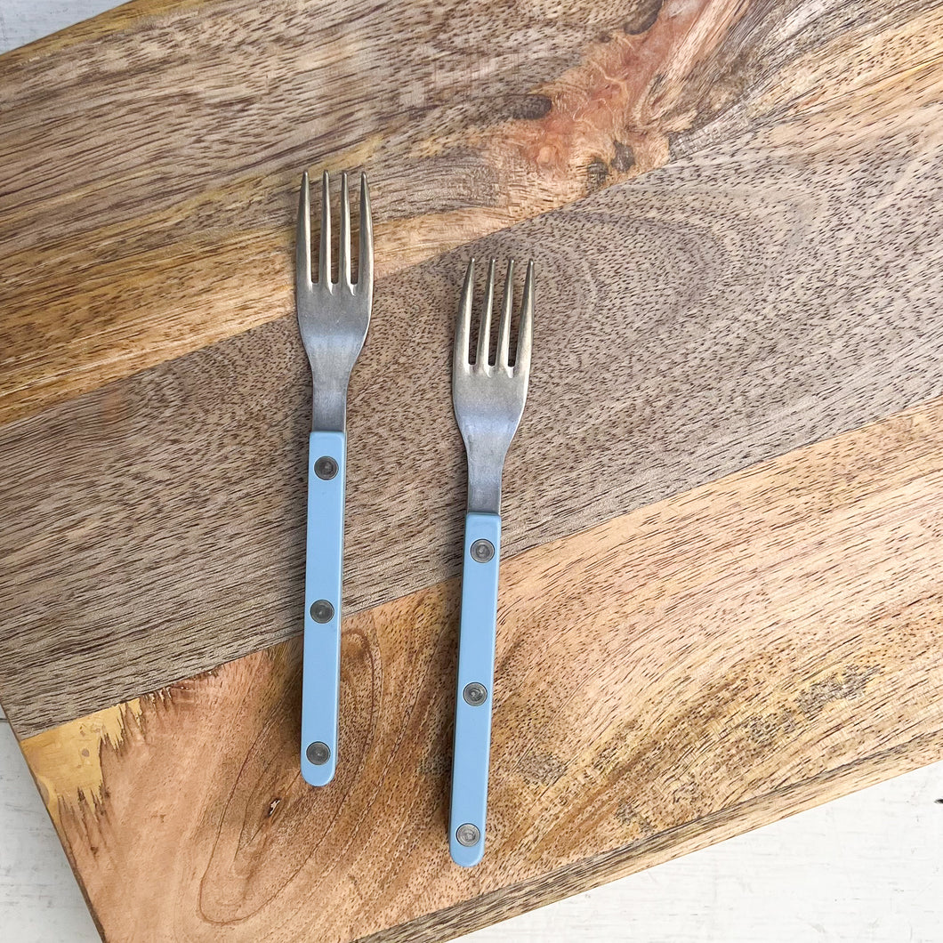 small stainless steel fork with light blue handle