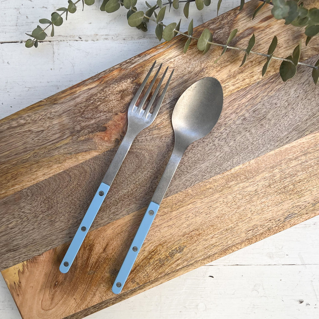 stainless steel fork and spoon serving set with light blue handles