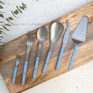 stainless steel serving pieces, small fork, serving fork, serving spoon, rice spoon, cheese knife and pie server, with light blue handles