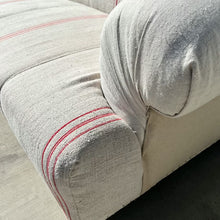 Load image into Gallery viewer, grain sack fabric sofa, natural color with thin red stripes, arm covers, two matching throw pillows and light wood legs