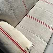 Load image into Gallery viewer, grain sack fabric sofa, natural color with thin red stripes, arm covers, two matching throw pillows and light wood legs