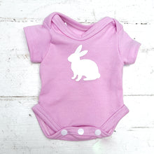 Load image into Gallery viewer, pink short sleeve baby onesie with white bunny on front