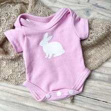 Load image into Gallery viewer, pink short sleeve baby onesie with white bunny on front