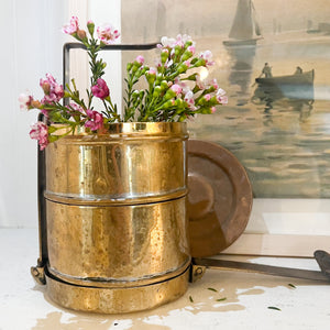vintage brass cylindrical lunch box with handle and lid