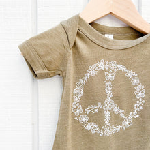 Load image into Gallery viewer, olive green baby onesie with white flower peace sign on front
