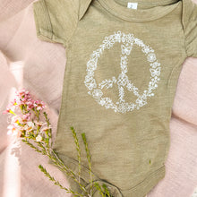 Load image into Gallery viewer, olive green baby onesie with white flower peace sign on front