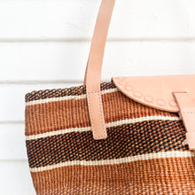 Load image into Gallery viewer, light and dark brown horizontal stripe sisal bag with light leather straps and flap