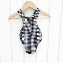 Load image into Gallery viewer, black and white check baby sleeveless romper with white buttons