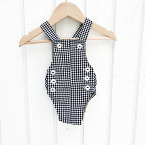 black and white check baby sleeveless romper with white buttons