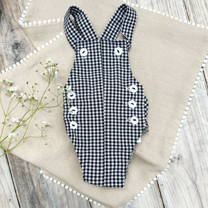 black and white check baby sleeveless romper with white buttons
