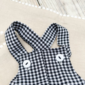 black and white check baby sleeveless romper with white buttons