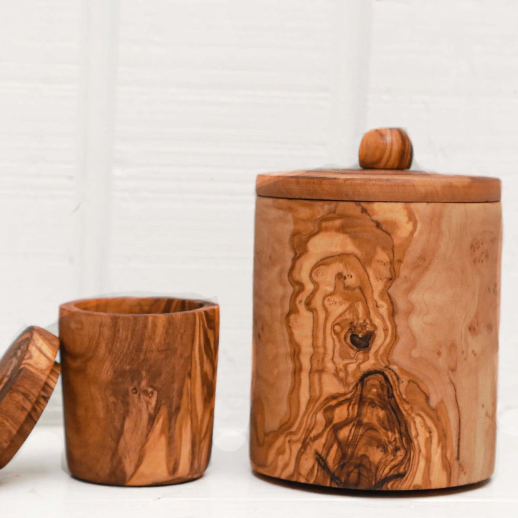 large olive wood spice container with lid