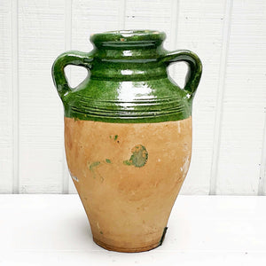 green glazed terra cotta jugs with two handles on side  Edit alt text