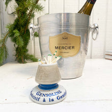 Load image into Gallery viewer, silver ice bucket with brass plaque on front and French words