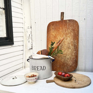 vintage white enamel bread bucket with lid and  'bread" in black letters