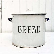 Load image into Gallery viewer, vintage white enamel bread bucket with lid and  &#39;bread&quot; in black letters