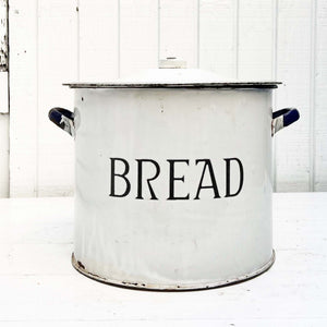 vintage white enamel bread bucket with lid and  'bread" in black letters