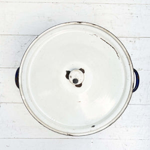 vintage white enamel bread bucket with lid and  'bread" in black letters