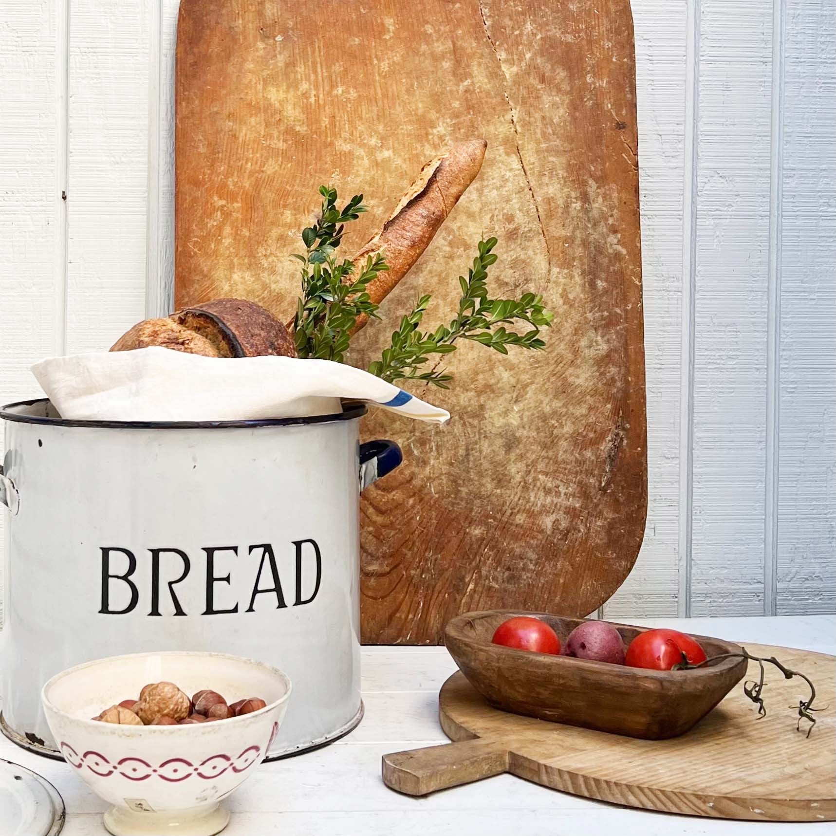 vintage white enamel bread bucket with lid and  'bread