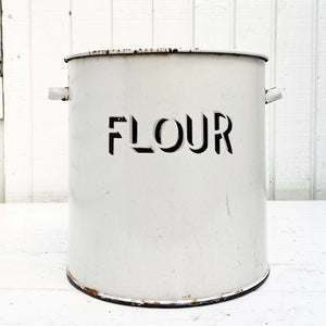 oversized French vintage enamel flour bin, white with black letters