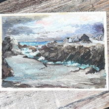Load image into Gallery viewer, landscape painting of ocean and rocky shoreline and a few small houses