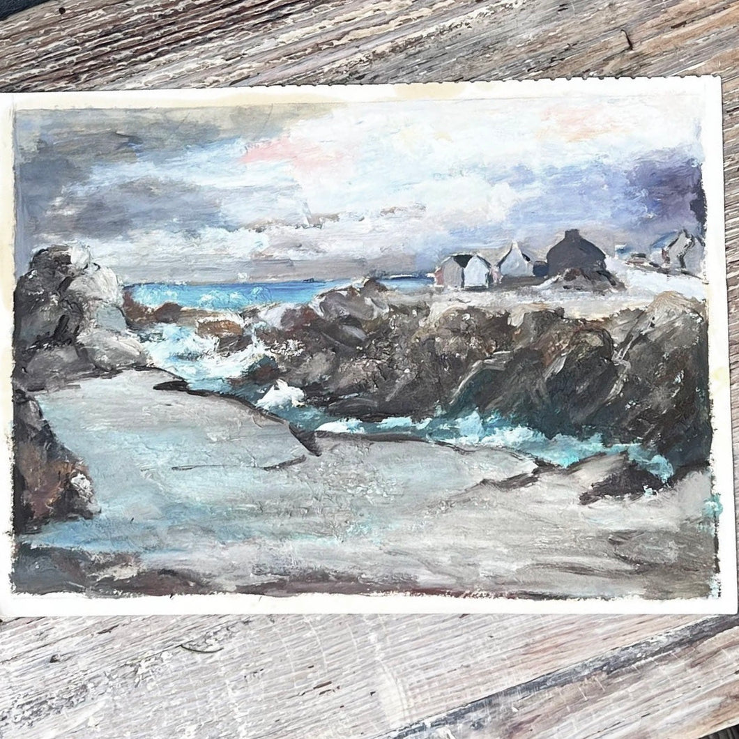 landscape painting of ocean and rocky shoreline and a few small houses
