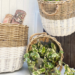 two toned tan and white nesting baskets with handles