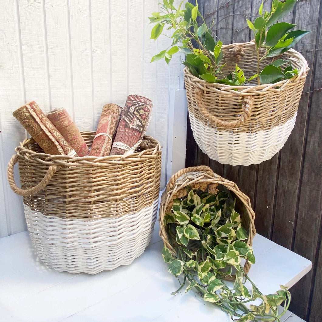 two toned tan and white nesting baskets with handles